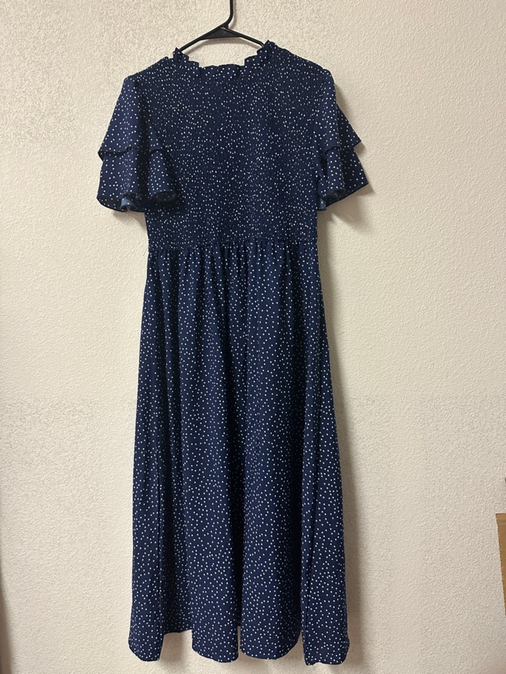SHEIN Navy and White Polka Dot Midi Dress with Smocked Bodice 1XL